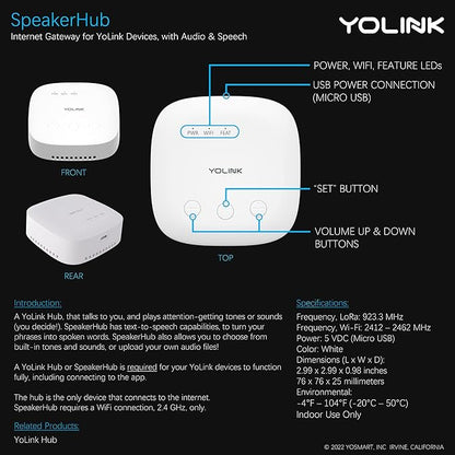 YoLink SpeakerHub - Smart Home Speaker Hub, Plays Tones/Alarms and Your Text-to-Speech Custom Messages, Voice Announcements, Audio Voice Alert, Spoken Alerts, LoRa-Powered ¼ Mile Range, WiFi Required