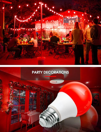 L LOHAS LED Red Light Bulbs Outdoor, Dusk to Dawn Sensor A19 Porch Lights 40W Equivalent, 6W Colored Bulb, Auto-On/Off E26 Base for Christmas, Party, Wedding, Patio, Backyard - 4 Pack