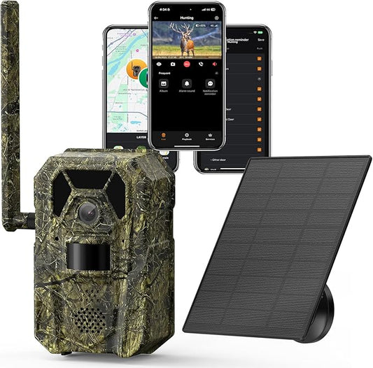 MagicEagle® Cellular Trail Camera 4G Wild Game Cameras 13,000 mAh Battery Solar Panel 2K Audible Video No-Glow IR Night Vision IP66 Waterproof for Wildlife Deer Monitoring Home Security (Green)