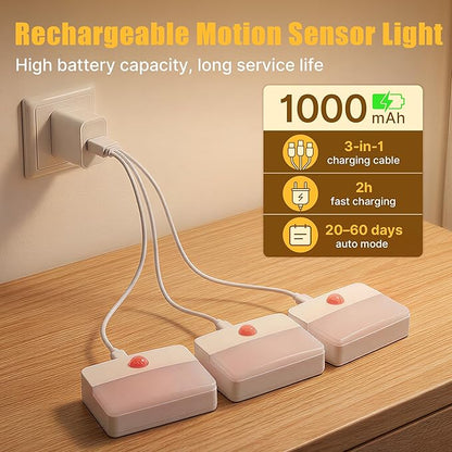 3 Pack Rechargeable Motion Sensor Stair Lights Indoor, Automatic Activated LED Night Light Wireless Battery Powered Portable Hallway Step Toilet Closet Lamp for Bedroom Kitchen