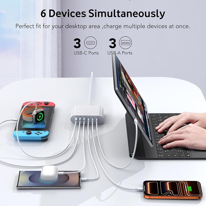 100W USB C Fast Charger Block Compact GaN 6 Port PD USB C and QC USB A Wall Charger Type C Charging Station Hub Adapter Plug Cube Brick for iPhone 17 16 15 14 Pro Max iPad Pro Air Samsung Pixel LG | USB Charger Station Hub, Multiport Charging Block Cub...