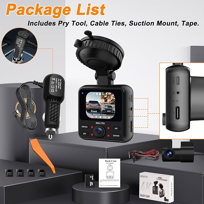 NOLYTH 4K Dash Cam 3-Channel: Front 4K Captures License Plates on Highway+Inside 2K+Rear 1080P 64GB Card 5G Wi-Fi & App 4IR Night Vision G-Sensor 24H Parking for Uber/Lyft/Families/New Drivers