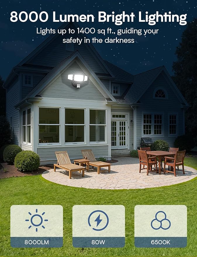 Olafus 80W Motion Sensor Outdoor Lights, 8000LM Hardwired Motion Flood Light Dusk to Dawn, IP65 Waterproof LED Security Floodlights, 6500K Motion Detector Lights for Outside, Black