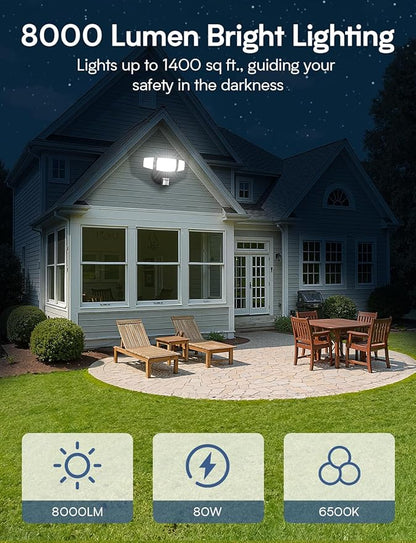 Olafus 80W Motion Sensor Outdoor Lights, 8000LM Hardwired Motion Flood Light Dusk to Dawn, IP65 Waterproof LED Security Floodlights, 6500K Motion Detector Lights for Outside, Black