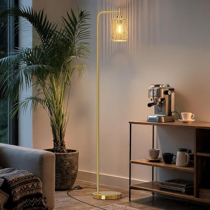 Oneach 66" Gold Floor Lamp for Living Room, Boho Floor Lamp with Remote Control and LED Bulb, Rattan Shade, Industrial Tall Farmhouse Standing Lamp for Bedroom, Dining Room, Study Room, Office
