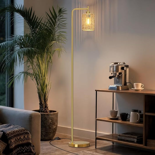 Oneach 66" Gold Floor Lamp for Living Room, Boho Floor Lamp with Remote Control and LED Bulb, Rattan Shade, Industrial Tall Farmhouse Standing Lamp for Bedroom, Dining Room, Study Room, Office