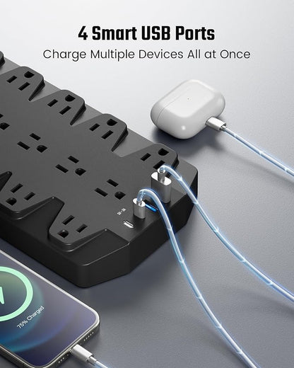 18 Widely Outlets Power Strip, SUPERDANNY Surge Protector with 4 USB Ports, 15FT Flat Plug Heavy Duty Extension Cord, 2100J, 1875W/15A, Wall Mount Holes for Home, Office, Dorm, Black
