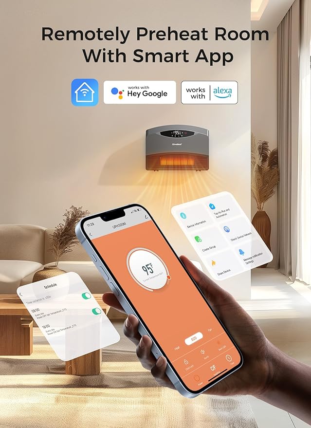 GiveBest Smart Wall Heater for Indoor Use, 1500W Electric Space Heater, Works with Alexa, Adjustable Thermostat, Remote Control, 24H Timer, Easy-mounted Heater for living Room Bedroom Office Garage
