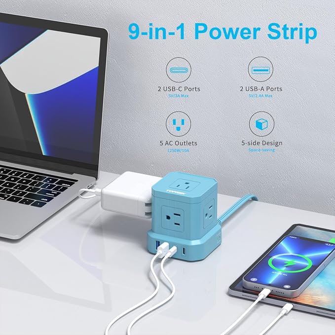 Surge Protector Power Strip, 10 FT Flat Extension Cord with 5 Outlets, 2 USB-C & 2 USB-A, Power Strip with USB for Living Room, Nightstand, Office, Travel, Desk Charging Station, 700J