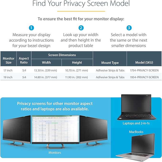 StarTech.com 17-inch 5:4 Computer Monitor Privacy Filter, Anti-Glare Privacy Screen w/51% Blue Light Reduction, Monitor Screen Protector w/+/- 30 Deg. Viewing Angle (1754-PRIVACY-SCREEN)