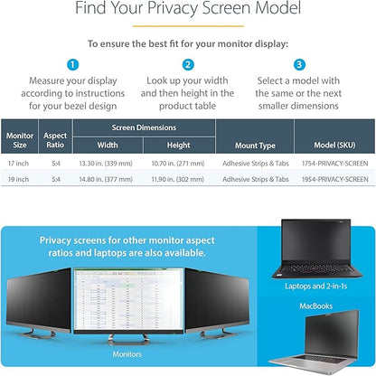 StarTech.com 17-inch 5:4 Computer Monitor Privacy Filter, Anti-Glare Privacy Screen w/51% Blue Light Reduction, Monitor Screen Protector w/+/- 30 Deg. Viewing Angle (1754-PRIVACY-SCREEN)