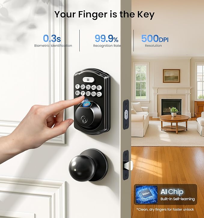 Veise Fingerprint Door Lock with 2 Knobs - Keyless Entry Door Lock with Handle, Electronic Keypad Deadbolt, Smart Front Handle Set, Auto-Locking, Waterproof, Easy Installation, Matte Black