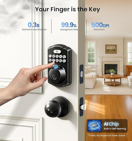 Veise Fingerprint Door Lock with 2 Knobs - Keyless Entry Door Lock with Handle, Electronic Keypad Deadbolt, Smart Front Handle Set, Auto-Locking, Waterproof, Easy Installation, Matte Black