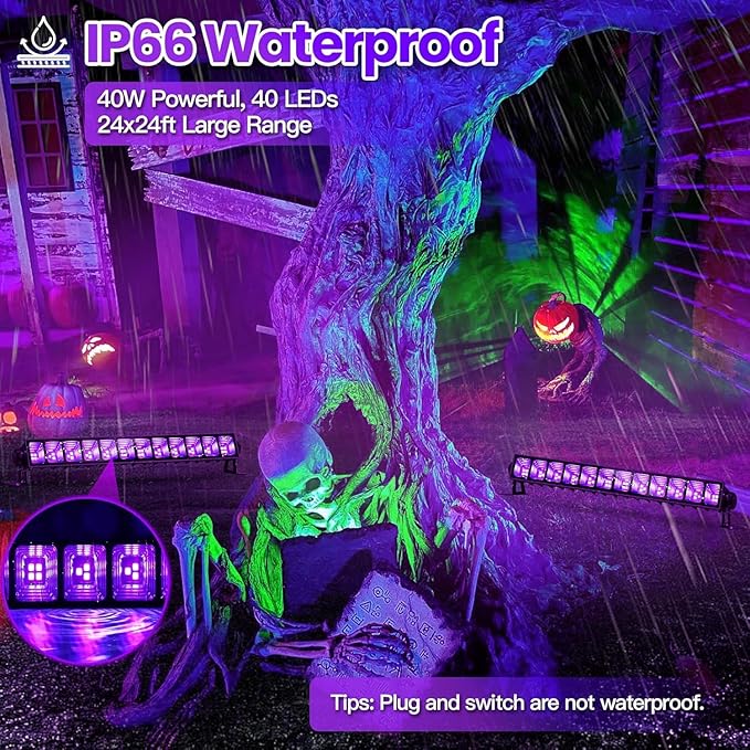 Upgraded 4 Pack 40W Blacklight Bar, IP66 Waterproof LED Black Light with Plug+Switch+6ft Cord, Each Light Up 24x24ft, for Outdoor, Glow Party, Halloween, Body Paint, Bedroom, Classroom, Stage Lighting
