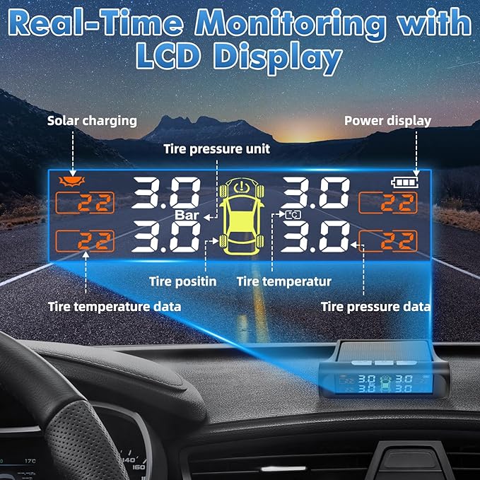 Tire Pressure Monitoring System with Solar Charge,TPMS Tire Pressure Monitor System with 4 External sensors & 5 Alarm Modes, Real Time Monitoring Pressure & Temperature,Suitable for 4 Wheeled Vehicles