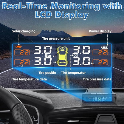 Tire Pressure Monitoring System with Solar Charge,TPMS Tire Pressure Monitor System with 4 External sensors & 5 Alarm Modes, Real Time Monitoring Pressure & Temperature,Suitable for 4 Wheeled Vehicles