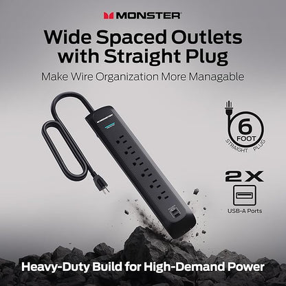 Monster Power Surge Protector w/ 1200 Joule Rating — Heavy Duty 6 FT Surge Protector Power Strip w/ 6 120V Outlets, 2 USB-A Ports — Fireproof MOV, Dual Mode, Clean Tech for Home & Office (Black)