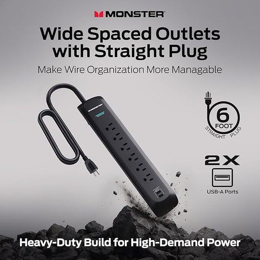 Monster Power Surge Protector w/ 1200 Joule Rating — Heavy Duty 6 FT Surge Protector Power Strip w/ 6 120V Outlets, 2 USB-A Ports — Fireproof MOV, Dual Mode, Clean Tech for Home & Office (Black)