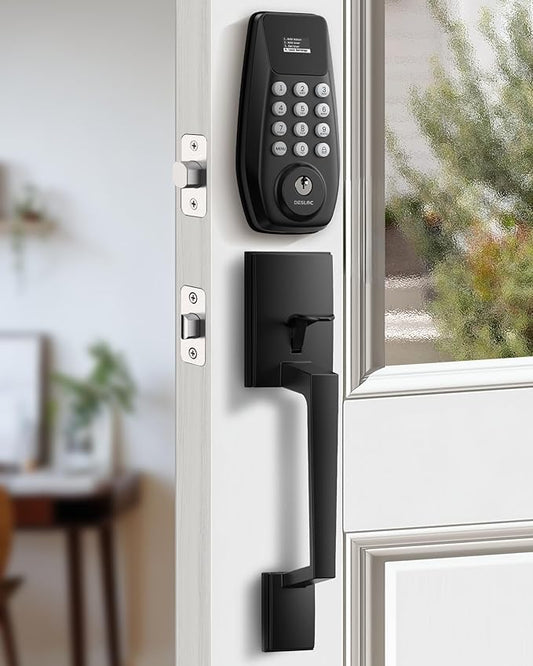 DESLOC C100 Keyless Entry Door Lock with Handle Set, Visual Display | Smart Deadbolt Lock with 100 PIN Codes, Passage Mode, 2 Keys, IP54 Weather Resistance, 12-Month Battery, Auto Lock, Black