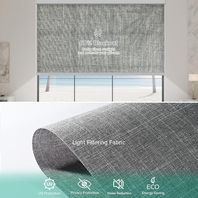 Motorized Roller Shades, Light Filtering Remote Control Custom Window Shades Compatible with Alexa Google Assistant via RF Hub, Rechargeable Electric Blinds for Windows (Dark Grey)