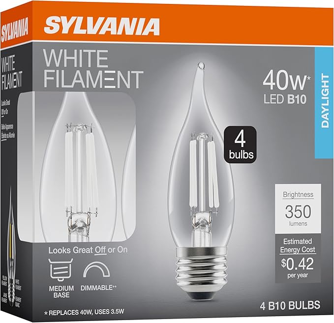 Sylvania B10 Clear LED White Filament Bulb, 3.5W, Dimmable, 350 LMS, Medium Base, 5000K, Daylight - 4 Pack (42257)