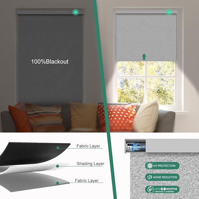 Motorized Blinds with Remote [100% Blackout & Silent Motor] Smart Blinds Compatible With Alexa Google HomeKit, Electric Roller Shades for Indoor Windows, Customized Size, Shimmer Granite Black