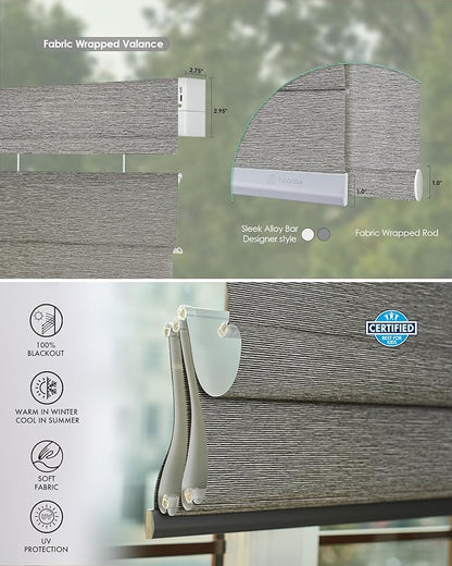 Yoolax Smart Top Down Bottom Up Roman Shades, Motorized Roman Shades with Remote, Blackout Smart Blinds Work with Alexa, Google Home, Apple Homekit for Living Room Bedroom, Customized (Wood Stripe)