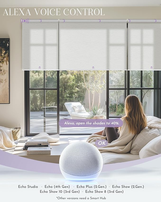 Graywind Smart Coupled Roller Shades Compatible with Alexa Google Custom Size Extra Large Motorized Blinds for Windows(Jacquard White)