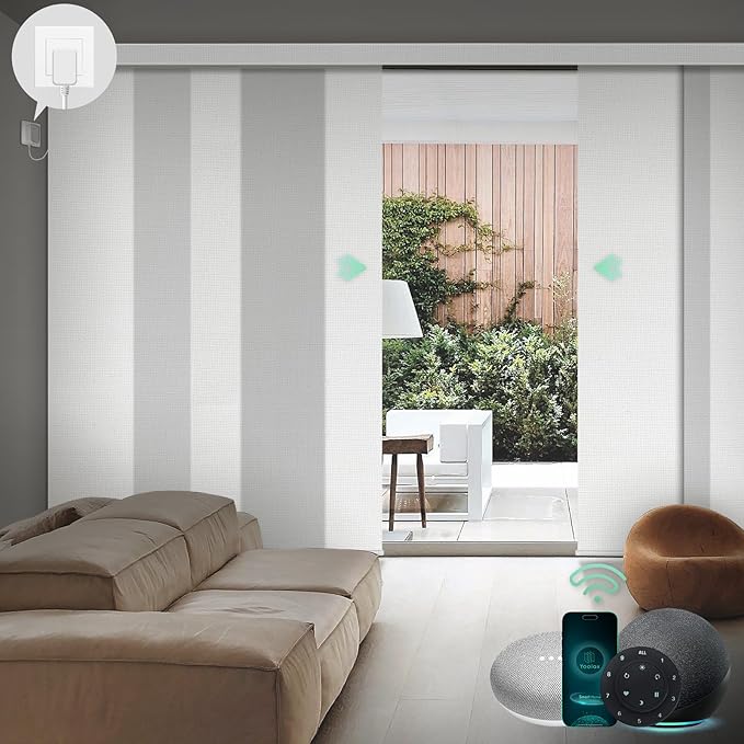 Yoolax Custom XL Smart Sliding Door Blinds, Motorized Sliding Panel Blinds Compatible with Alexa, Light Filtering Vertical Blinds for Glass Doors, Patio Doors, Closet Doors, Half Shading Pure White