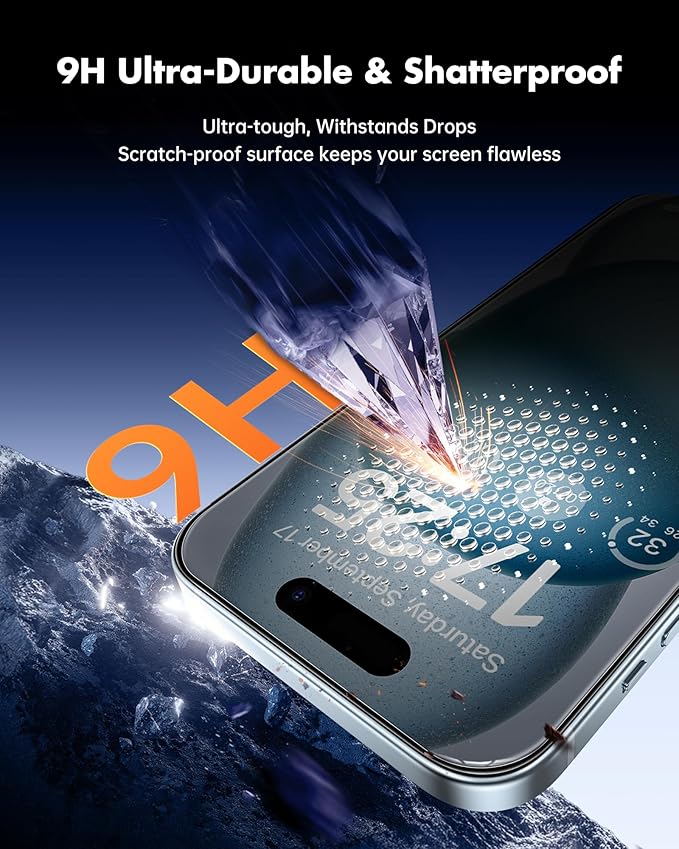 UNBREAKcable Privacy Screen Protector for iPhone 15, Anti-Spy Shatterproof Tempered Glass [True 28°Anti Spy] [9H Hardness] [Easy Installation Frame] Black Protector for iPhone 6.1" - 2 Pack