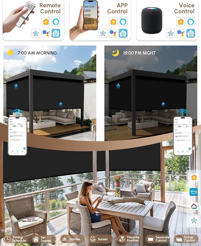 Kincmo Motorized Outdoor Shades for Patio Porch, Custom Outdoor Motorized Blinds with Remote, Waterproof & Windproof Patio Shades Work with Apple Home,Alexa,Google (0% Openness Black)