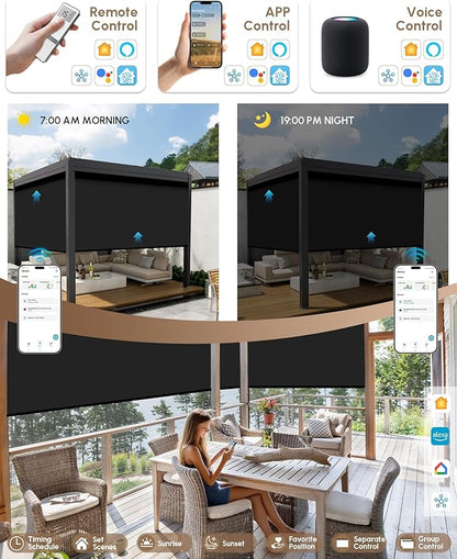 Kincmo Motorized Outdoor Shades for Patio Porch, Custom Outdoor Motorized Blinds with Remote, Waterproof & Windproof Patio Shades Work with Apple Home,Alexa,Google (0% Openness Black)