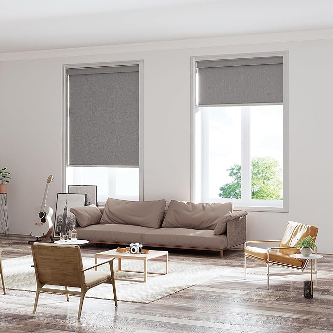 Changshade Custom Size Cordless Roller Shades with Valance, Blackout Roller Shades for Windows Roll-up Fabric Blinds with Thermal Insulated for French Door, Easy Installation Deep Grey