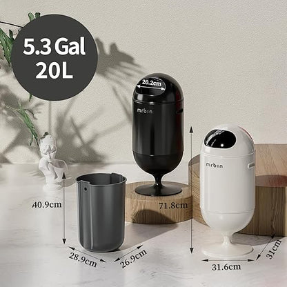 MRBIN Metal Trash Can with Lid, 5.3 Gallons / 20L Medium Decorative Waste Basket, Round Tall Garbage with High Leg for Bathroom, Office, Bedroom, Kitchen, Cream White