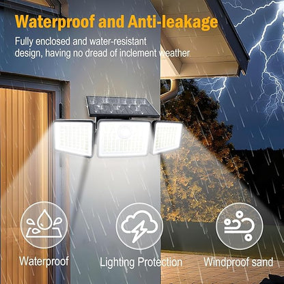 daphino 2500LM Solar Lights Outdoor with Motion Sensor,3 Head 270° Wide Angle Street Area Lights,IP65 Waterproof Security Lighting with 3 Modes(Remote,2 Pcs)