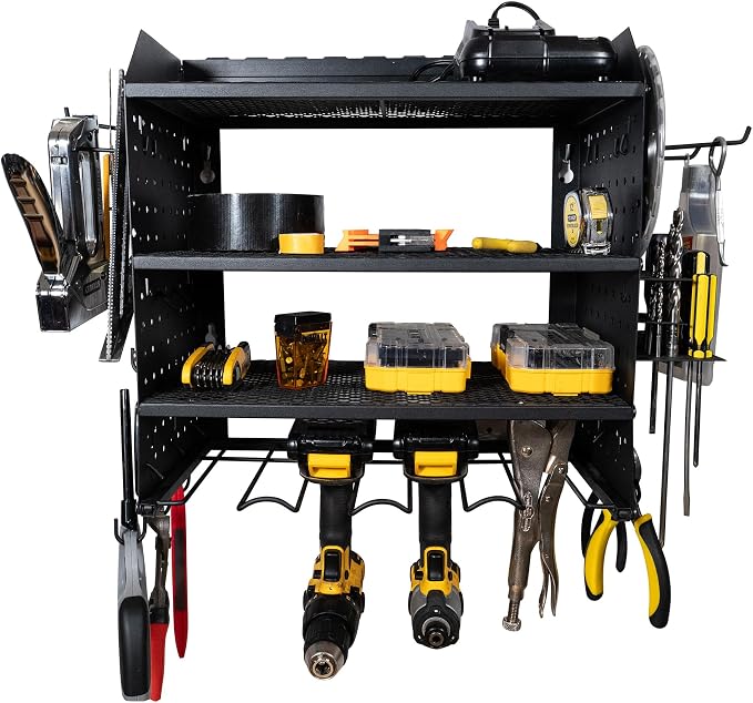 Pearington Modular Pegboard Rack, Power Tool Organizer with Battery Charging Station, Power Strip, 4-Layer Wall Mount Drill Holder