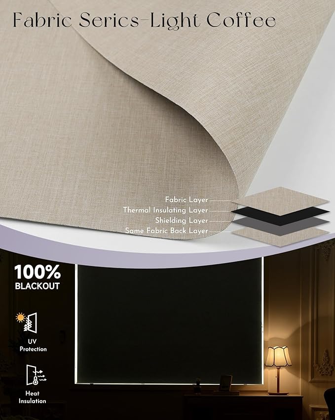 Graywind Smart Blackout Roller Shades Work with Alexa Google WiFi Hardwired Triple Weaved Fabric Motorized Blinds Remote Window Shades, Custom Size (Light Coffee)