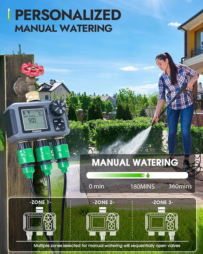 Insoma 3 Outlet Sprinkler Timer Brass Inlet & Outlet, Programmable Garden Hose Timer with Rain Delay, Manual& Automatic Watering System