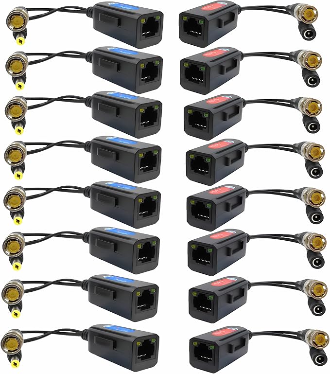 8 Pair Passive Video Balun BNC to RJ45 Adapter with Power, Ground Loop Isolated Cat5e Cat6 to BNC Converter, Analog Security Camera via Ethernet Transceiver - Compact & Waterproof