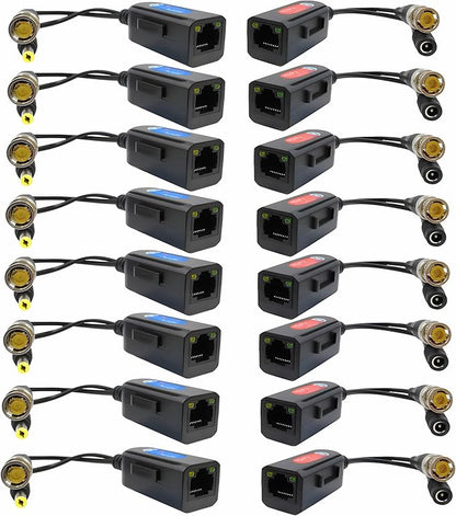 8 Pair Passive Video Balun BNC to RJ45 Adapter with Power, Ground Loop Isolated Cat5e Cat6 to BNC Converter, Analog Security Camera via Ethernet Transceiver - Compact & Waterproof