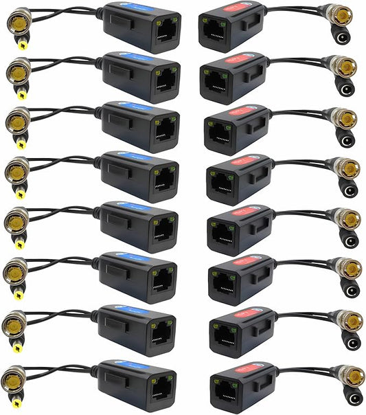 8 Pair Passive Video Balun BNC to RJ45 Adapter with Power, Ground Loop Isolated Cat5e Cat6 to BNC Converter, Analog Security Camera via Ethernet Transceiver - Compact & Waterproof