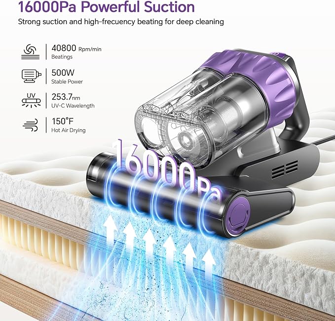 Mattress Vacuum Cleaner 18Kpa Bed Vacuum Cleaner with Smart Dust Sensor,UV-C Light,HEPA Filter,150°F Heat,500W Powerful Handheld,for Pet Hair,Sofa,Couch CribValentine's Day Gift Ideas for Women