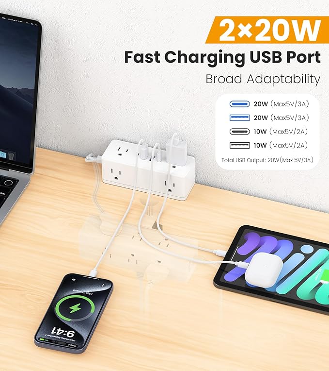 Dual Layer Desk Clamp Power Strip, Desktop Edge Mount Surge Protector with 15 AC Outlets & 4 USB Ports(20W USB-C), Ultra Thin Flat Plug & 10FT Power Cord for Office Home(ETL Listed)