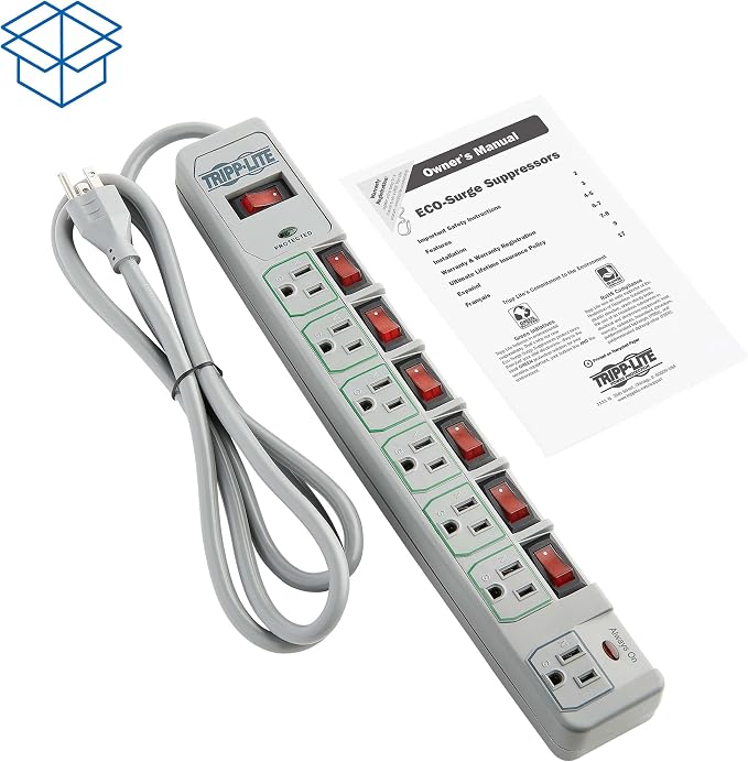 Tripp Lite 7-Outlet Surge Protector Power Strip with 6 Individually Controlled Switches, 6 Foot / 1.83M Cord, Lifetime Limited Warranty & $25,000 Insurance (TLP76MSG)