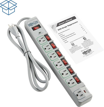 Tripp Lite 7-Outlet Surge Protector Power Strip with 6 Individually Controlled Switches, 6 Foot / 1.83M Cord, Lifetime Limited Warranty & $25,000 Insurance (TLP76MSG)