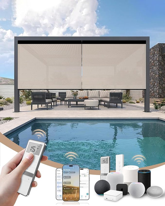 Kincmo Motorized Outdoor Shades for Patio Porch, Custom Outdoor Motorized Blinds with Remote, Waterproof & Windproof Patio Shades Work with Apple Homekit,Alexa,Google (1% Openness Beige)