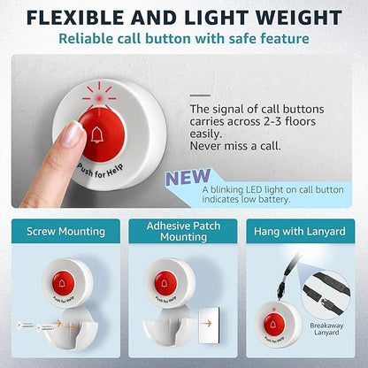 Caregiver Pager Wireless Call Buttons for Elderly at Home for Seniors Adults Patients Nurse Call Light System Alert Button Alarm Emergency with Review Feature