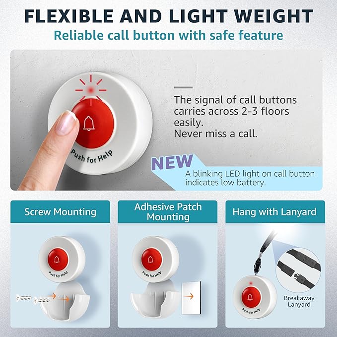 Caregiver Pager for Elderly Adults Nurse 6 Call Buttons for Elderly at Home Seniors Patients Nurse Call Light Monitoring System Alert Button Bed Alarm Buzzer Emergency Clinic