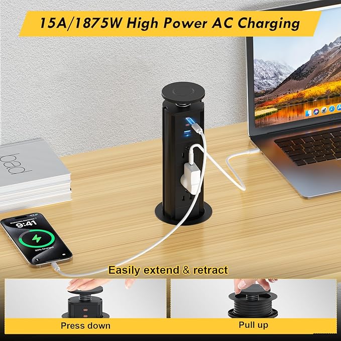 Kungfuking Pop Up Outlet for Countertop, Socket with 3 AC Outlets & 2 PD 20W USB-C & 1 USB-APorts, Pull Power Kitchen Conference Office, 3-3/8 Inch(85MM) Hole Grommet Strip, Dark Black
