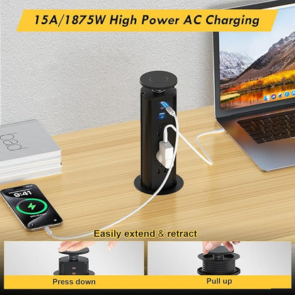 Kungfuking Pop Up Outlet for Countertop, Socket with 3 AC Outlets & 2 PD 20W USB-C & 1 USB-APorts, Pull Power Kitchen Conference Office, 3-3/8 Inch(85MM) Hole Grommet Strip, Dark Black